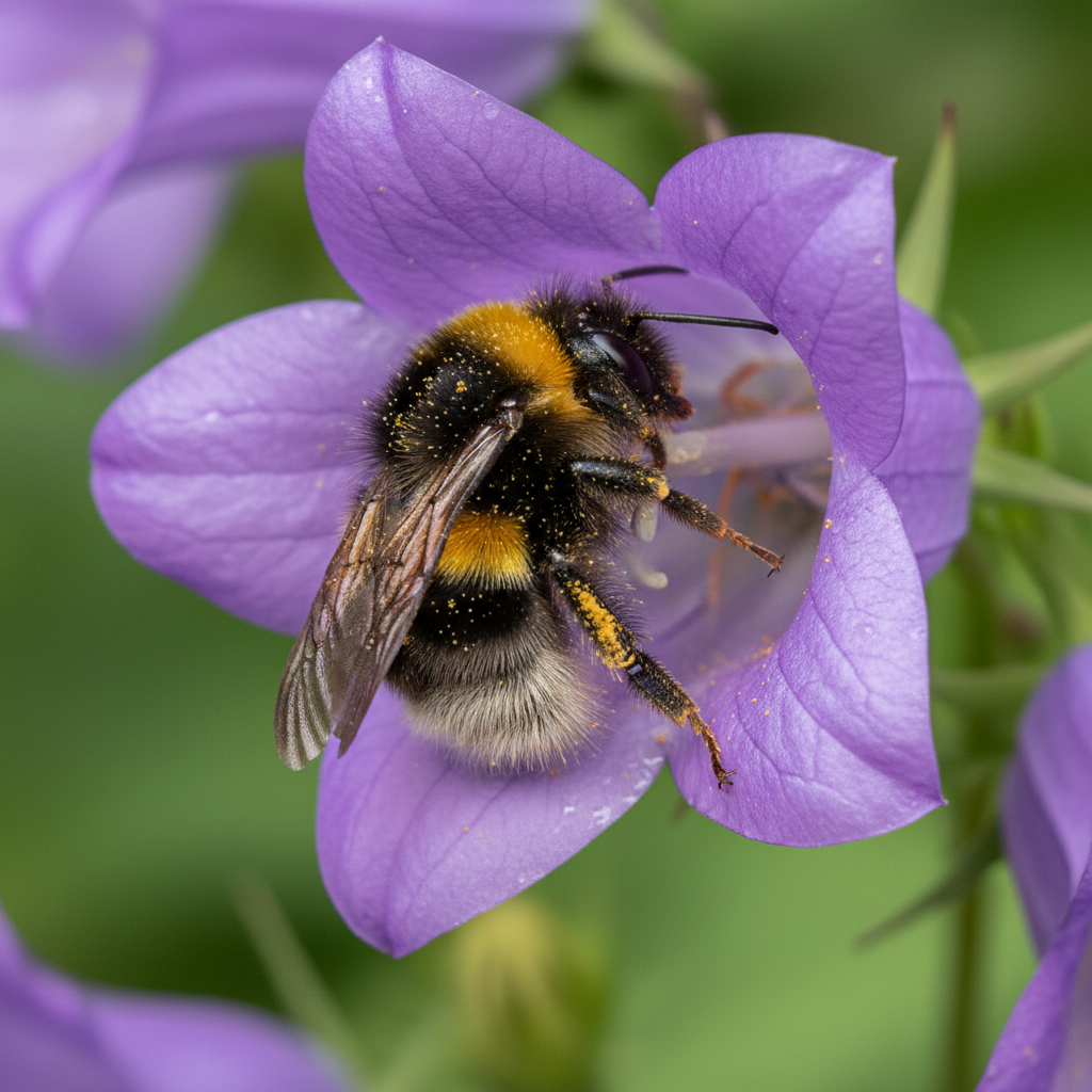 Erdhummel (Bombus terrestris) beim Nektarsammeln an einer Blüte — Nahaufnahme mit gelbem Pelz und Pollenbeladung