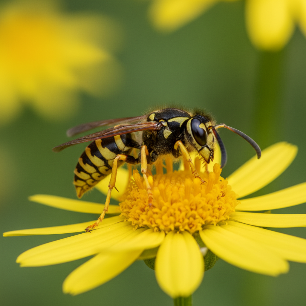 Gemeine Wespe (Vespula vulgaris) auf einer Blüte — Nahaufnahme mit schwarz-gelben Streifen und Flügeln