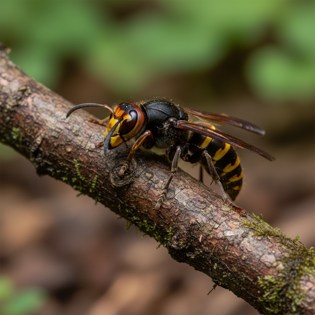 Asiatische Hornisse (Vespa velutina) — dunkler Thorax mit orangem Kopf