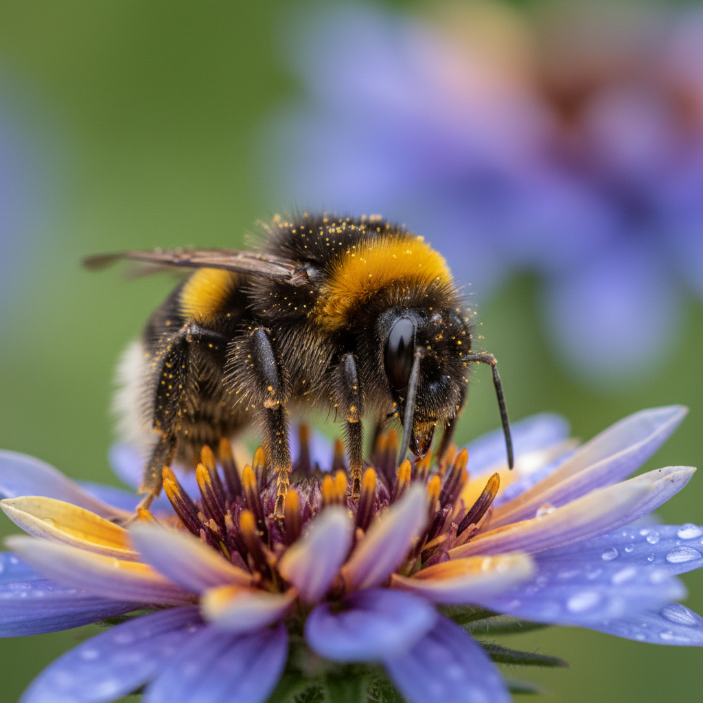 Hummel (Bombus terrestris) beim Sammeln von Nektar auf einer Blüte