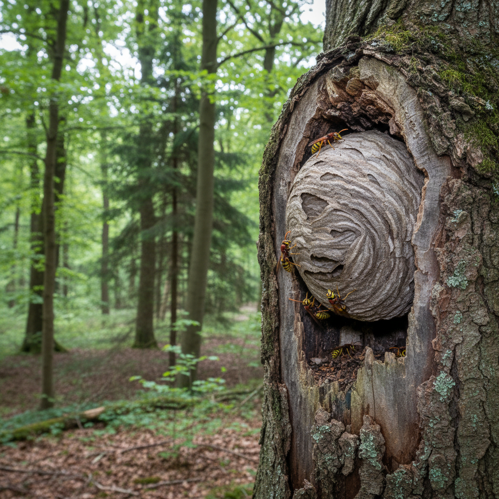 Hornissennest (Vespa crabro) — papierartige Struktur mit sichtbaren Waben